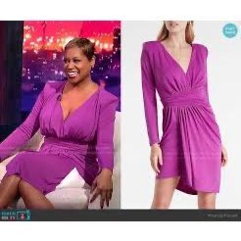 Express L Draped V-Neck Strong Shoulder Mini Dress Magenta Purple Asymmetrical